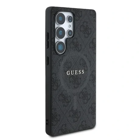 Husa spate Guess din piele PU 4G cu inel colorat MagSafe pentru Samsung Galaxy S25 Ultra, neagră