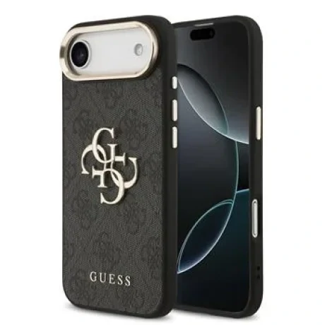 Husa spate Guess din piele PU 4G cu logo metalic, cadru auriu, pentru iPhone Air, neagră