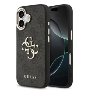 Husa spate Guess din piele PU 4G cu logo metalic și ramă aurie pentru iPhone 17, neagră