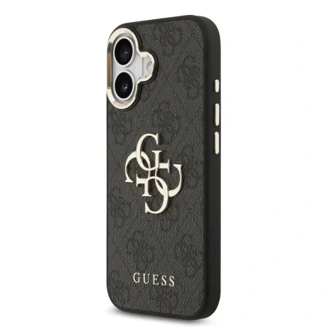 Husa spate Guess din piele PU 4G cu logo metalic și ramă aurie pentru iPhone 17, neagră