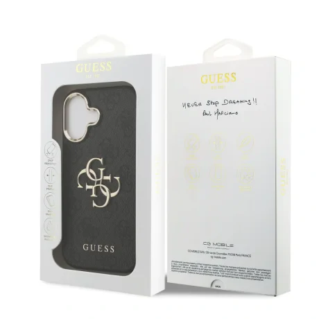 Husa spate Guess din piele PU 4G cu logo metalic și ramă aurie pentru iPhone 17, neagră