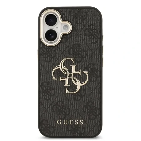 Husa spate Guess din piele PU 4G cu logo metalic și ramă aurie pentru iPhone 17, neagră