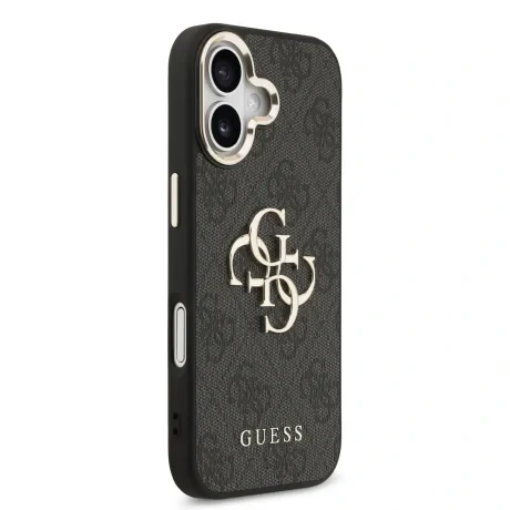 Husa spate Guess din piele PU 4G cu logo metalic și ramă aurie pentru iPhone 17, neagră