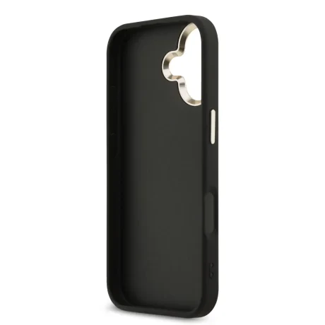 Husa spate Guess din piele PU 4G cu logo metalic și ramă aurie pentru iPhone 17, neagră