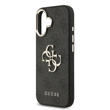 Husa spate Guess din piele PU 4G cu logo metalic și ramă aurie pentru iPhone 17, neagră