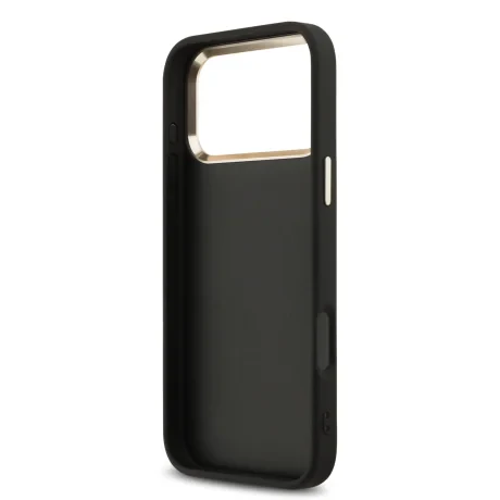 Husa spate Guess din piele PU 4G cu logo metalic și ramă aurie pentru iPhone 17 Pro Max, neagră