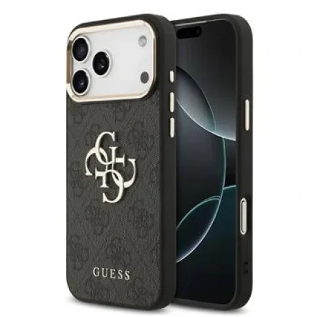 Husa spate Guess din piele PU 4G cu logo metalic și ramă aurie pentru iPhone 17 Pro Max, neagră