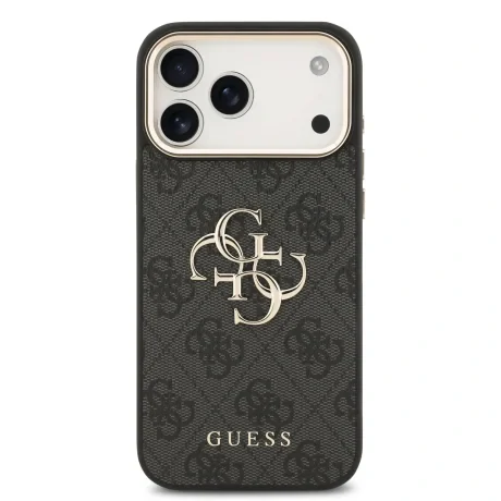 Husa spate Guess din piele PU 4G cu logo metalic și ramă aurie pentru iPhone 17 Pro Max, neagră