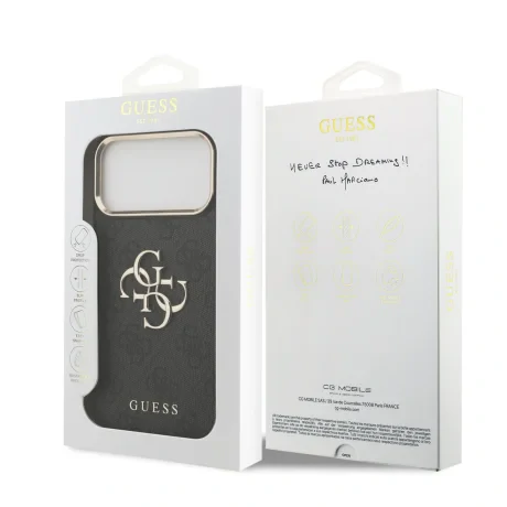 Husa spate Guess din piele PU 4G cu logo metalic și ramă aurie pentru iPhone 17 Pro Max, neagră