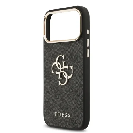 Husa spate Guess din piele PU 4G cu logo metalic și ramă aurie pentru iPhone 17 Pro Max, neagră