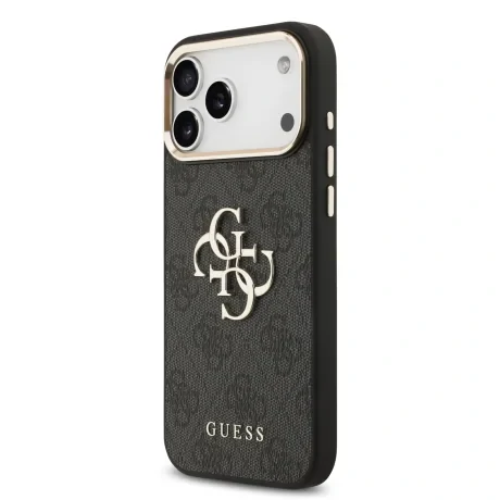 Husa spate Guess din piele PU 4G cu logo metalic și ramă aurie pentru iPhone 17 Pro Max, neagră