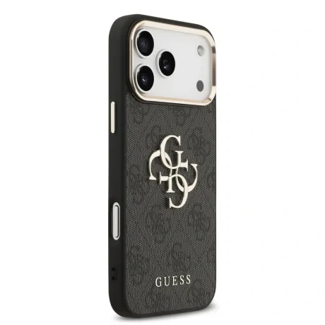 Husa spate Guess din piele PU 4G cu logo metalic și ramă aurie pentru iPhone 17 Pro Max, neagră