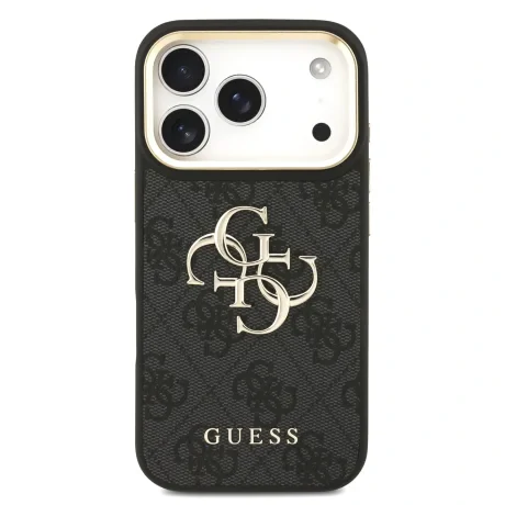 Husa spate Guess din piele PU 4G cu logo metalic și ramă aurie pentru iPhone 17 Pro, neagră