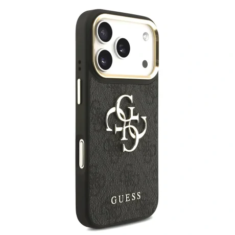 Husa spate Guess din piele PU 4G cu logo metalic și ramă aurie pentru iPhone 17 Pro, neagră