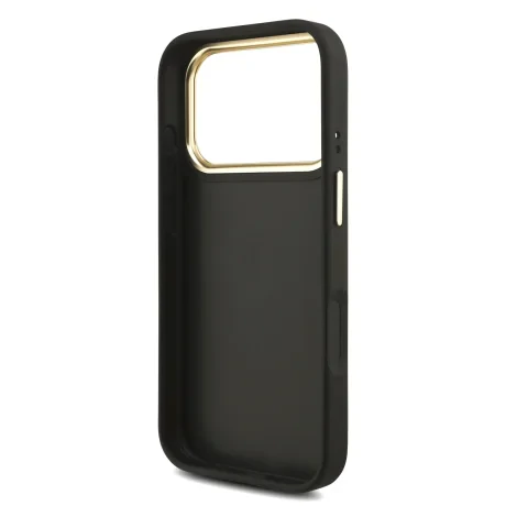 Husa spate Guess din piele PU 4G cu logo metalic și ramă aurie pentru iPhone 17 Pro, neagră