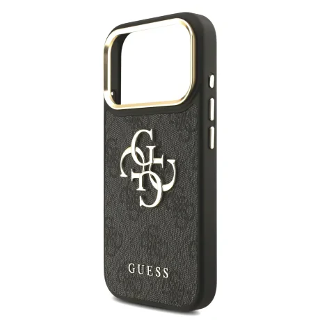 Husa spate Guess din piele PU 4G cu logo metalic și ramă aurie pentru iPhone 17 Pro, neagră