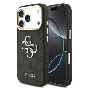 Husa spate Guess din piele PU 4G cu logo metalic și ramă aurie pentru iPhone 17 Pro, neagră
