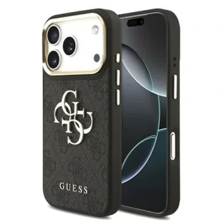 Husa spate Guess din piele PU 4G cu logo metalic și ramă aurie pentru iPhone 17 Pro, neagră
