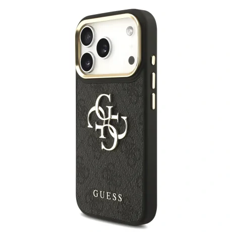 Husa spate Guess din piele PU 4G cu logo metalic și ramă aurie pentru iPhone 17 Pro, neagră