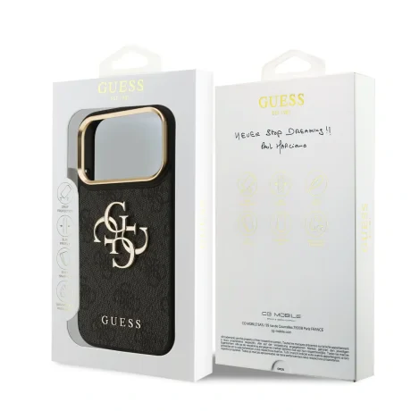 Husa spate Guess din piele PU 4G cu logo metalic și ramă aurie pentru iPhone 17 Pro, neagră