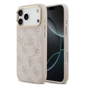 Husa spate Guess din piele PU 4G cu ramă aurie MagSafe pentru iPhone 17 Pro Max, roz