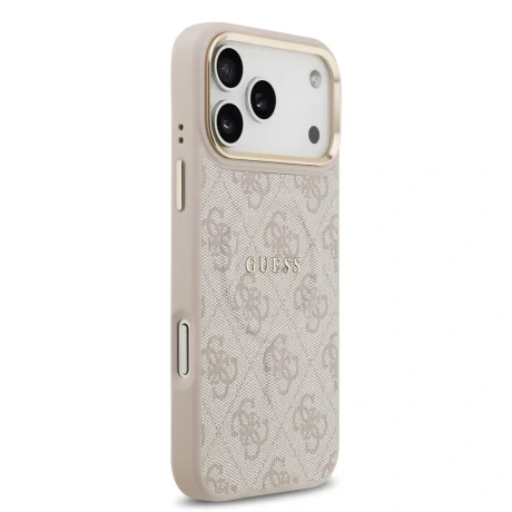 Husa spate Guess din piele PU 4G cu ramă aurie MagSafe pentru iPhone 17 Pro Max, roz