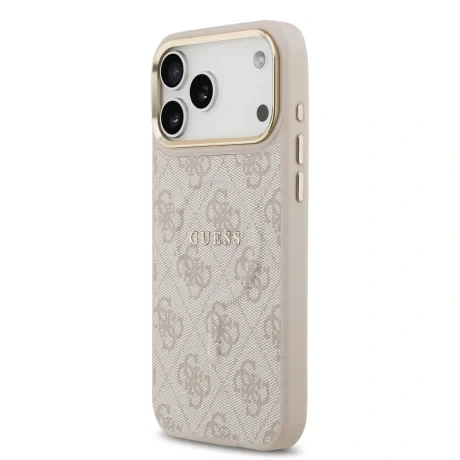 Husa spate Guess din piele PU 4G cu ramă aurie MagSafe pentru iPhone 17 Pro Max, roz
