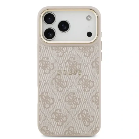 Husa spate Guess din piele PU 4G cu ramă aurie MagSafe pentru iPhone 17 Pro Max, roz