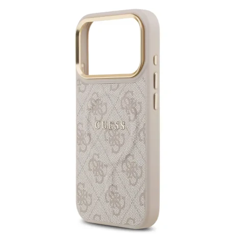 Husa spate Guess din piele PU 4G cu ramă aurie MagSafe pentru iPhone 17 Pro, roz