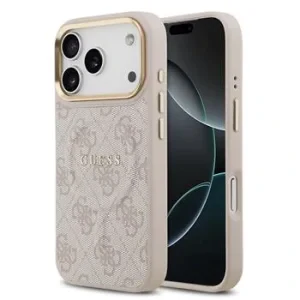 Husa spate Guess din piele PU 4G cu ramă aurie MagSafe pentru iPhone 17 Pro, roz