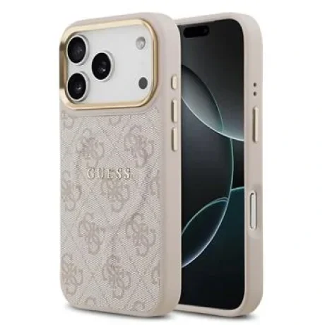 Husa spate Guess din piele PU 4G cu ramă aurie MagSafe pentru iPhone 17 Pro, roz