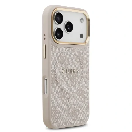 Husa spate Guess din piele PU 4G cu ramă aurie MagSafe pentru iPhone 17 Pro, roz