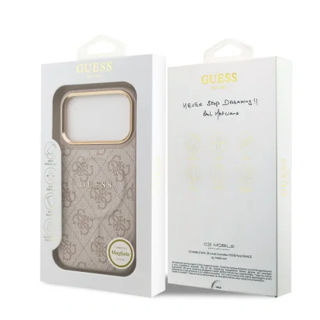 Husa spate Guess din piele PU 4G cu ramă aurie MagSafe pentru iPhone 17 Pro, roz