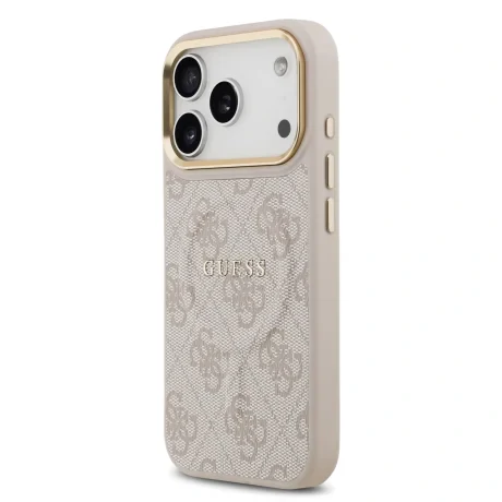 Husa spate Guess din piele PU 4G cu ramă aurie MagSafe pentru iPhone 17 Pro, roz