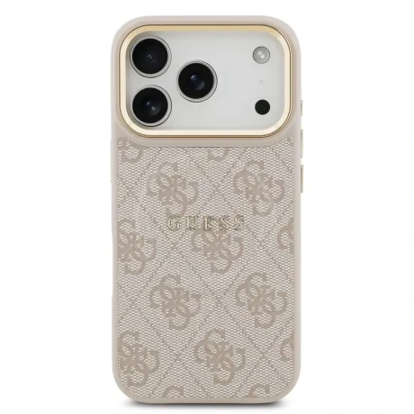 Husa spate Guess din piele PU 4G cu ramă aurie MagSafe pentru iPhone 17 Pro, roz