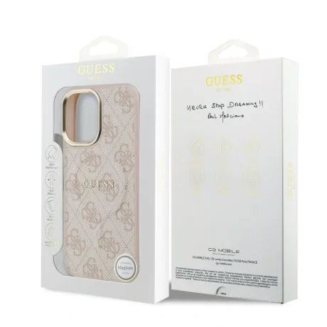 Husa spate Guess din piele PU 4G cu ramă aurie MagSafe pentru iPhone 17, roz