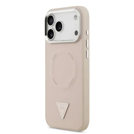 Husă spate Guess din piele PU cu logo triunghiular MagSafe pentru iPhone 17 Pro Max, roz