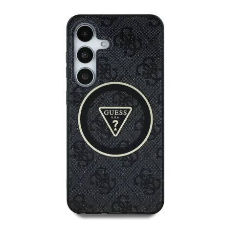 Husa spate Guess IML 4G cu sclipici și logo triunghiular MagSafe pentru Samsung Galaxy S25, neagră