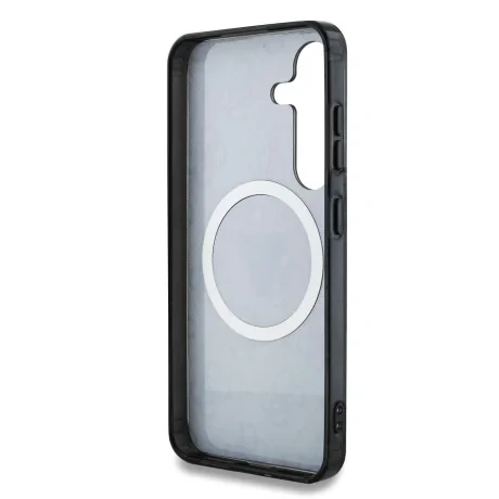 Husa spate Guess IML 4G cu sclipici și logo triunghiular MagSafe pentru Samsung Galaxy S25, neagră