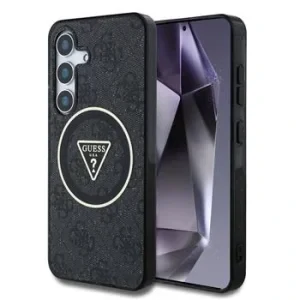 Husa spate Guess IML 4G cu sclipici și logo triunghiular MagSafe pentru Samsung Galaxy S25, neagră