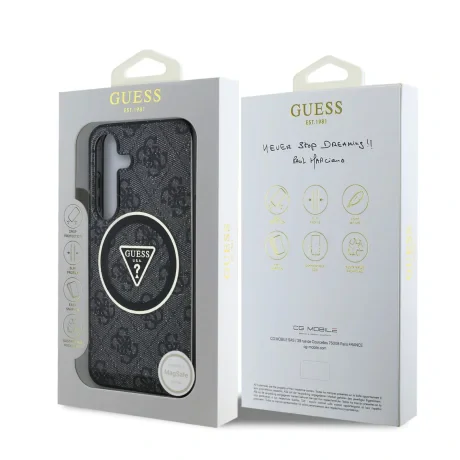 Husa spate Guess IML 4G cu sclipici și logo triunghiular MagSafe pentru Samsung Galaxy S25, neagră