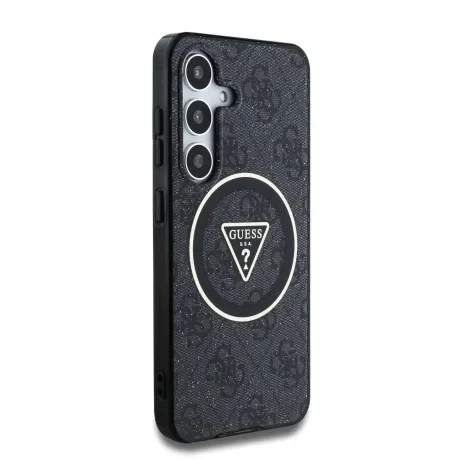Husa spate Guess IML 4G cu sclipici și logo triunghiular MagSafe pentru Samsung Galaxy S25, neagră