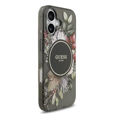 Husa spate Guess IML Flowers Strap MagSafe pentru iPhone 17, neagră