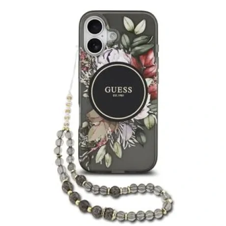 Husa spate Guess IML Flowers Strap MagSafe pentru iPhone 17, neagră