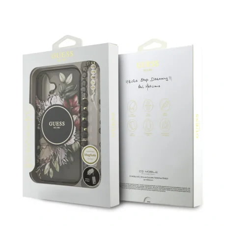 Husa spate Guess IML Flowers Strap MagSafe pentru iPhone 17, neagră
