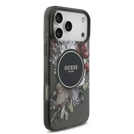 Husă spate Guess IML Flowers Strap MagSafe pentru iPhone 17 Pro Max, neagră