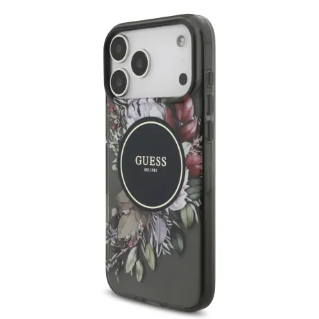 Husă spate Guess IML Flowers Strap MagSafe pentru iPhone 17 Pro Max, neagră