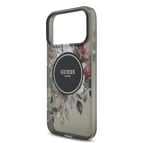 Husă spate Guess IML Flowers Strap MagSafe pentru iPhone 17 Pro Max, neagră