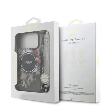 Husă spate Guess IML Flowers Strap MagSafe pentru iPhone 17 Pro Max, neagră
