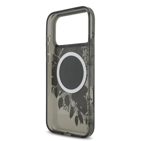 Husă spate Guess IML Flowers Strap MagSafe pentru iPhone 17 Pro Max, neagră